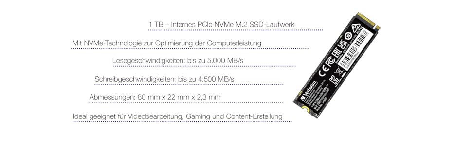 SSD Verbatim Vi5000 1TB NVMe M.2 - Швидкий накопичувач для ноутбука, чорний