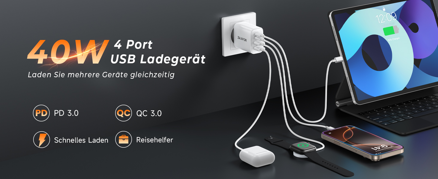 Мережевий адаптер ZKAPOR 40W з 4 USB-портами: швидка зарядка PD+QC для iPhone 16/15/14, Samsung Galaxy, Huawei, iPad