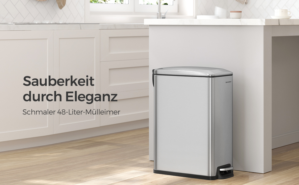 Степле́р SONGMICS для кухні, 48 літрів, вузький, з м'яким закриттям, з відром, з нержавіючої сталі, 15 мішків у комплекті, сріблястий