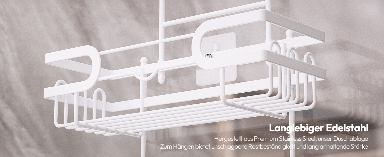 Настінна поличка для душу SWTYMIKI з 2 кошиками та 2 мильницями, з нержавіючої сталі, 14 гачків, білий колір