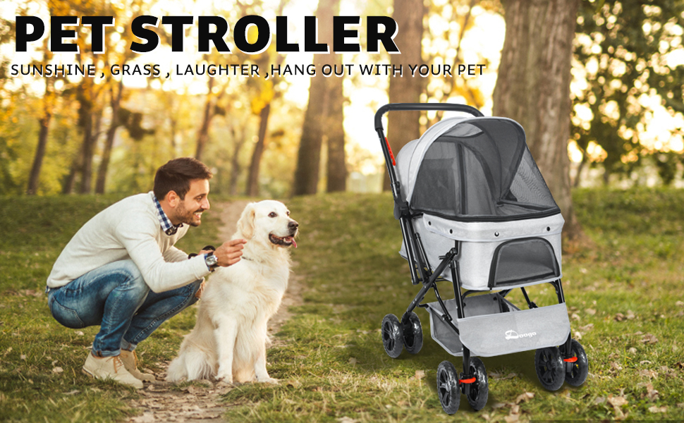 Візок для собак Wedyvko до 20 кг, 4 колеса, складний, для маленьких та середніх собак та котів, з кошиком для зберігання та тримачем для напоїв (сірий)