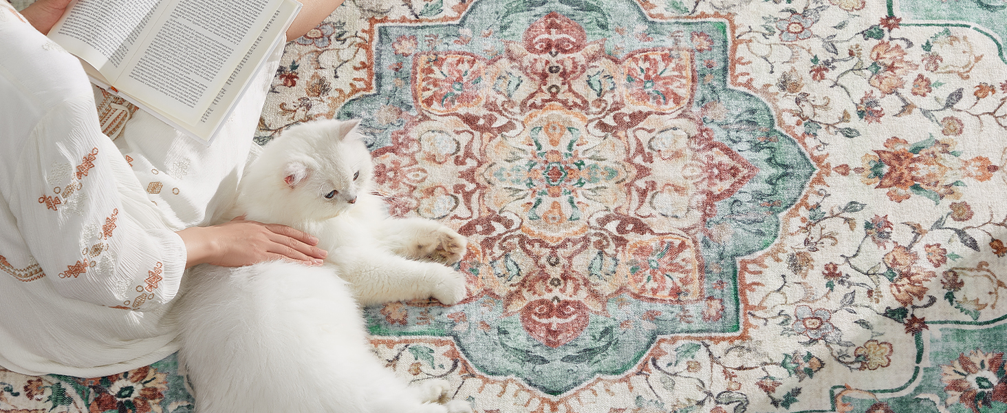 Килим SONGMICS HOME Vintage, 120x170 см, для вітальні, спальні, кухні, коридору, їдальні, миючий, з антиковзаючим покриттям, аквамарин (TAR032G01)