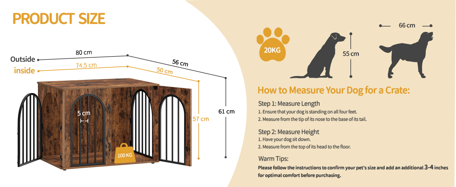 Клітка для собак Hzuaneri, 80 см, 3 двері, бокова дверцята, сучасний дизайн, стіл-клітка, міцна, 80x56x61 см, вінтажний колір, DFC85101B