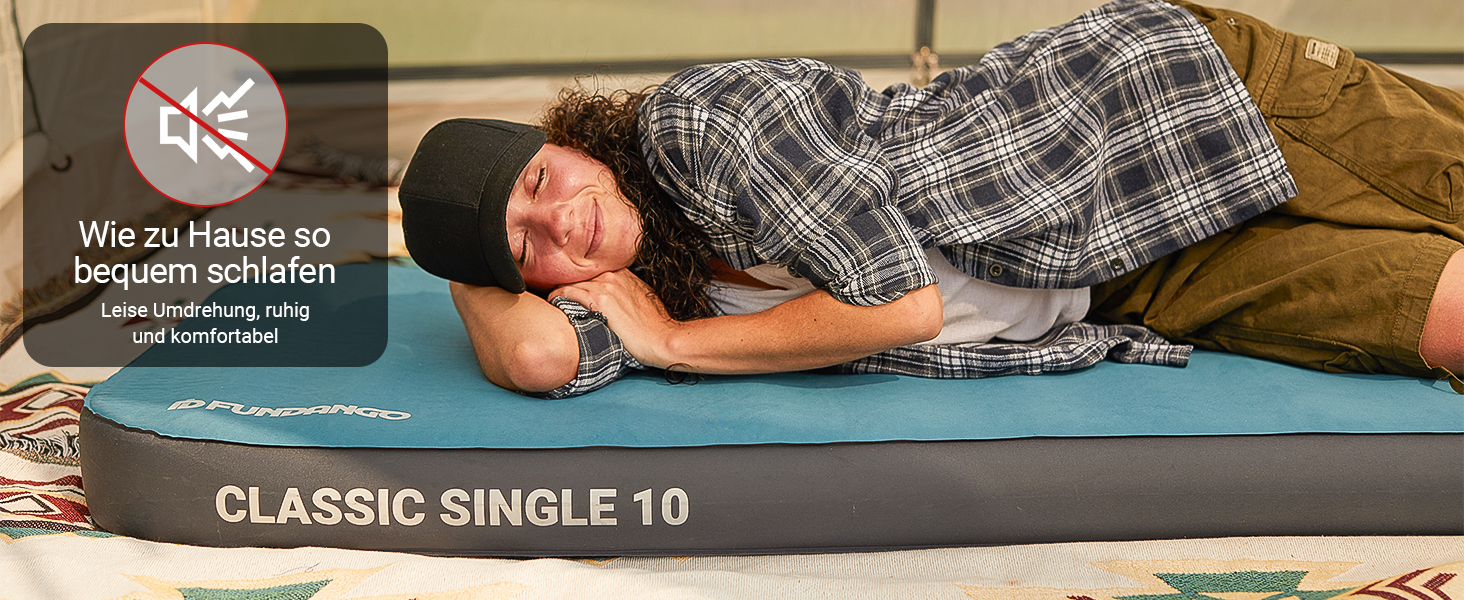 Килимок для кемпінгу Fundango самонадувний, 9.5 R-значення, піна-пам'ять, 10 см товщина, 3D посилення, м'яка оксамитова поверхня, для намету, подорожей на авто (одинарний та подвійний розмір)