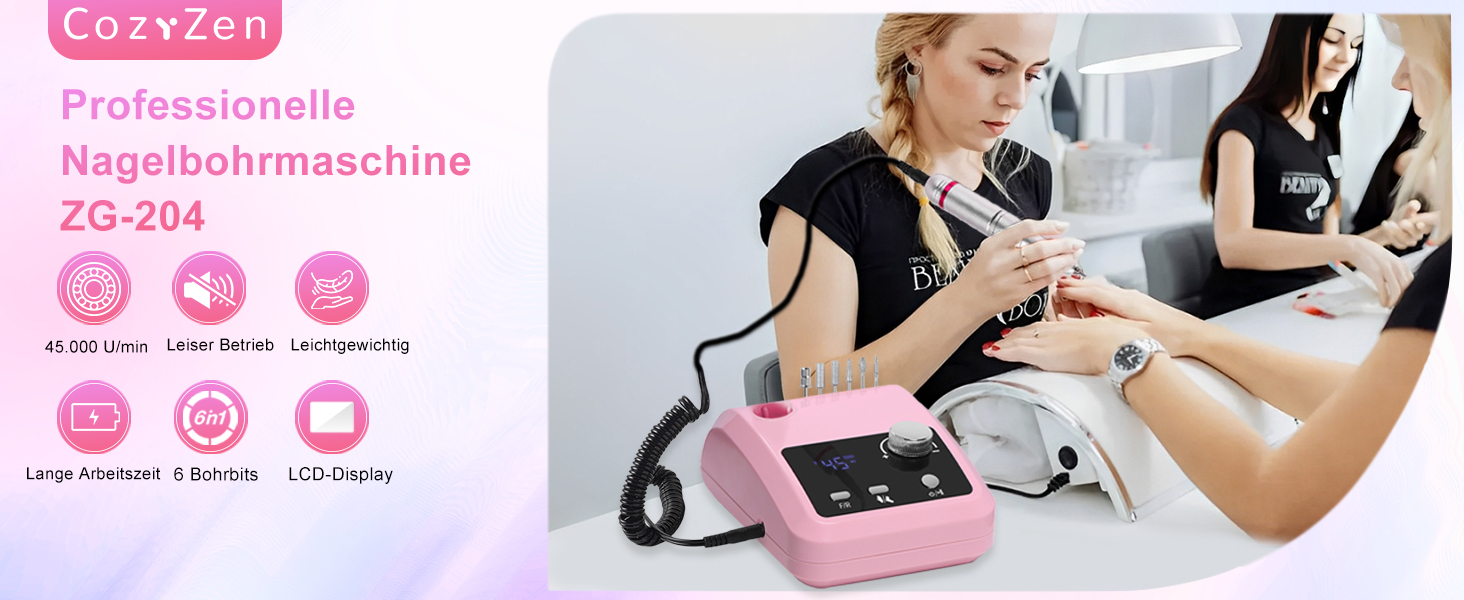 Електрична машинка для манікюру та педикюру CozyZen Professional: набір для догляду за нігтями з LCD-дисплеєм, керуванням рукою та ногою, тиха робота (рожевий)