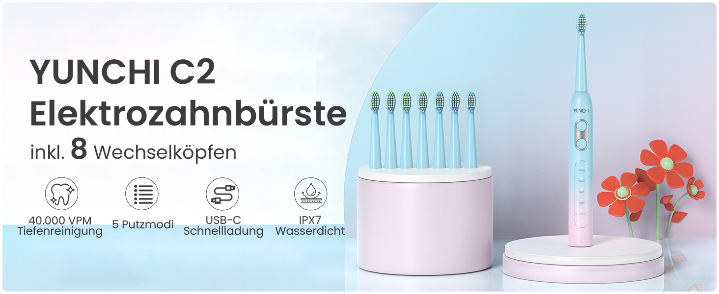 Електрична зубна щітка YUNCHI C2 з 40000 VPM, звукова, для дорослих та дітей, USB-C зарядка, 30 днів роботи, 5 режимів, 8 насадок, рожева/блакитна