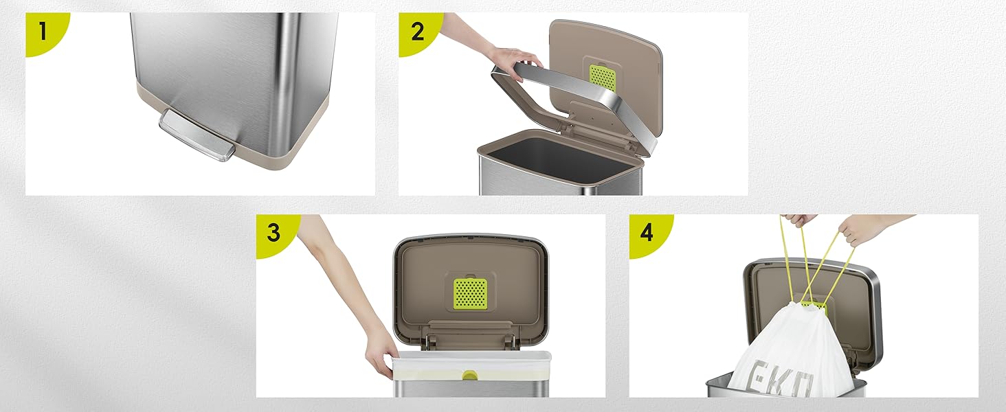 Відро для сміття EKO Madison 30 л з висувним контейнером, м'яким закриттям кришки, стійке до відбитків пальців, нержавіюча сталь, прямокутне, з 20 мішками для сміття 75 л