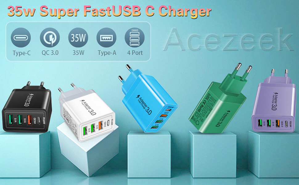 Acezeek Зарядний пристрій USB-C 40W з кабелями Type-C (2 адаптери + 2 кабелі) - Швидка зарядка для iPhone, Galaxy, iPad Pro