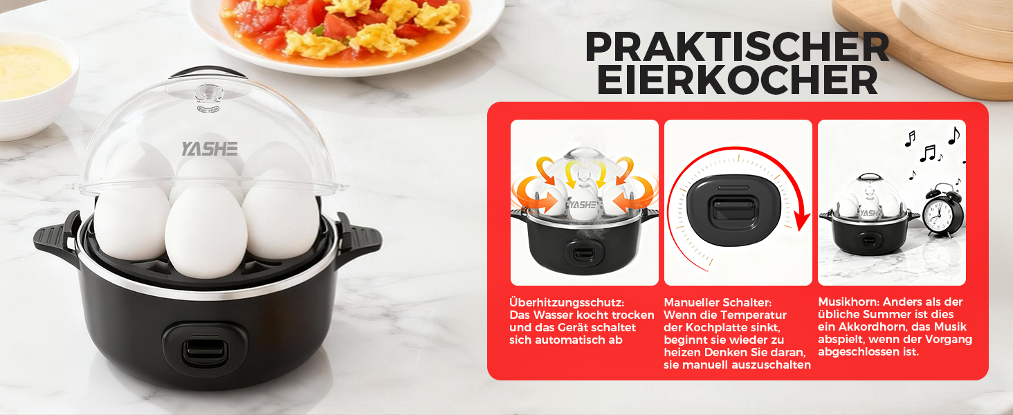 Електричний яйцеварка YASHE на 7 яєць: для твердих, середніх та м'яких яєць. З підставкою для яєць та акустичним сигналом