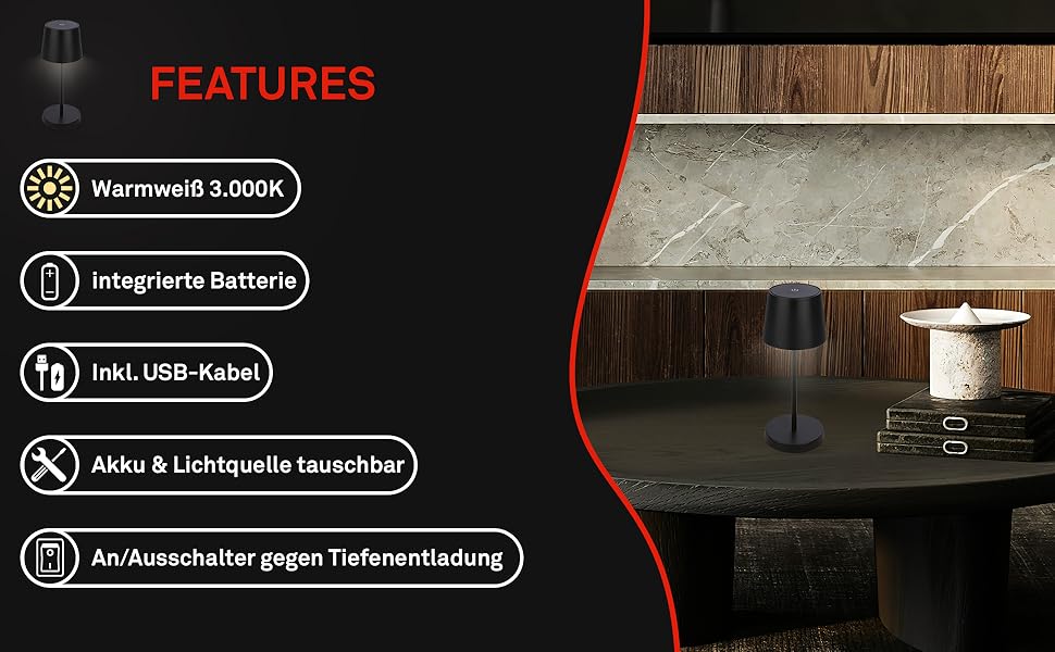 LED лампа BRILONER настільна бездротова, диммирувана торшер, USB-C, для дому та кемпінгу, Ø105x260 мм, чорна