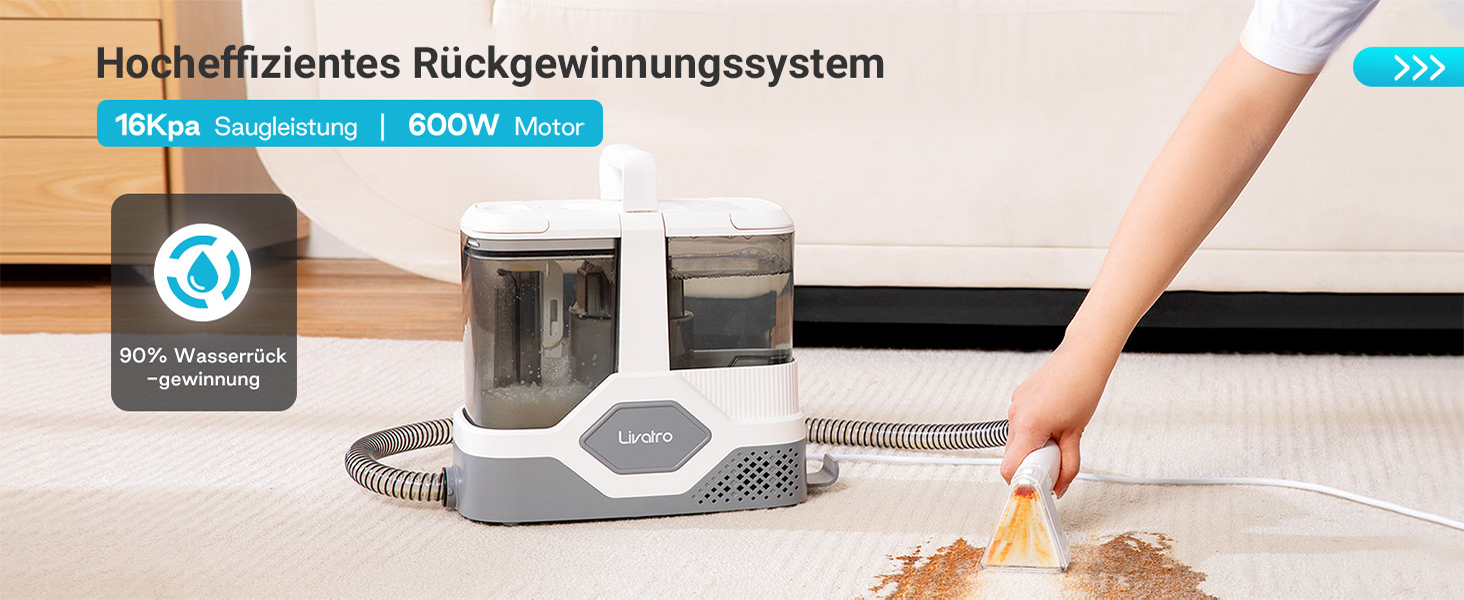 Пристрій для чищення м'яких меблів: мокрий/сухий пилосос, чистка килимів, 600W, 16KPa, бак 2,3L, самоочищення, компактний, для килимів, диванів, сходи