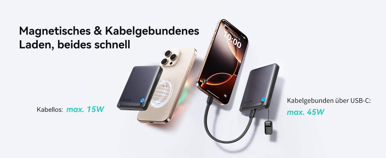 INIU Power Bank Magsafe 10000mAh 45W Qi2, чорний. З кабелем USB-C та підставкою, для iPhone 17/16/15/14/13