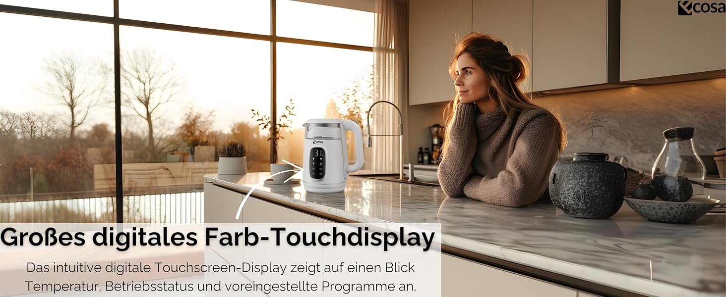 Електричний чайник Ecosa® зі скляною колбою та нержавіючою сталлю, 1.7 л, 2200 Вт, регулювання температури 40-100°C, функція підігріву, LED-підсвічування, без BPA (Woldo White)