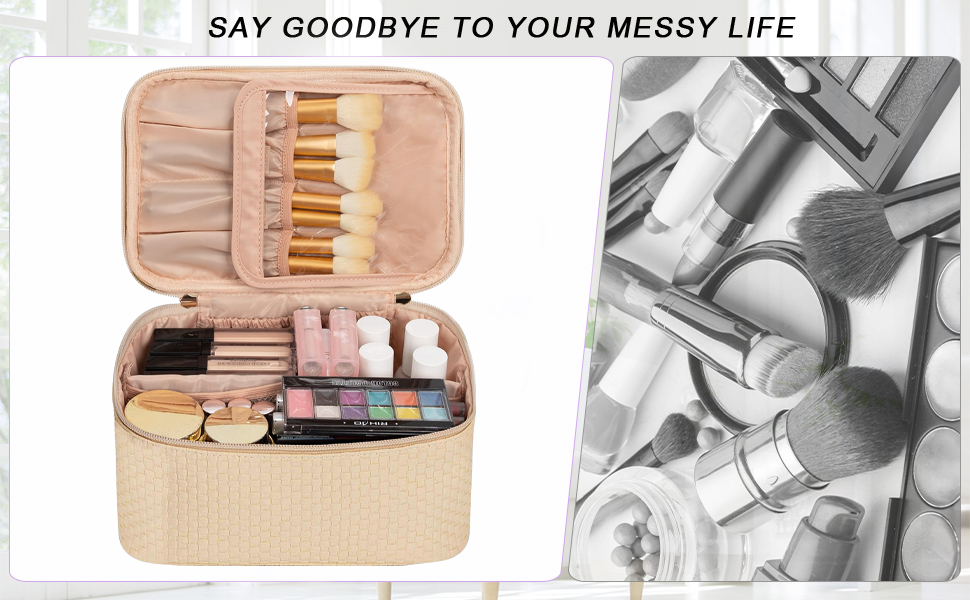 Жіноча косметичка для подорожей, водонепроникна, з відділенням для пензликів, з PU шкіри, велика, оливковий зелений (M Beige)