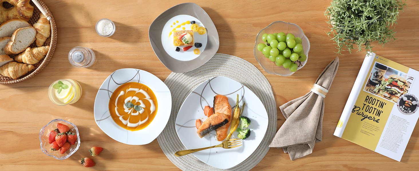 VEWEET Набір посуду 'Нікіта' з порцеляни, 24 частини | Сервіз включає миски, десертні тарілки, тарілки для їжі та супові тарілки | Посуд для 4-12 осіб