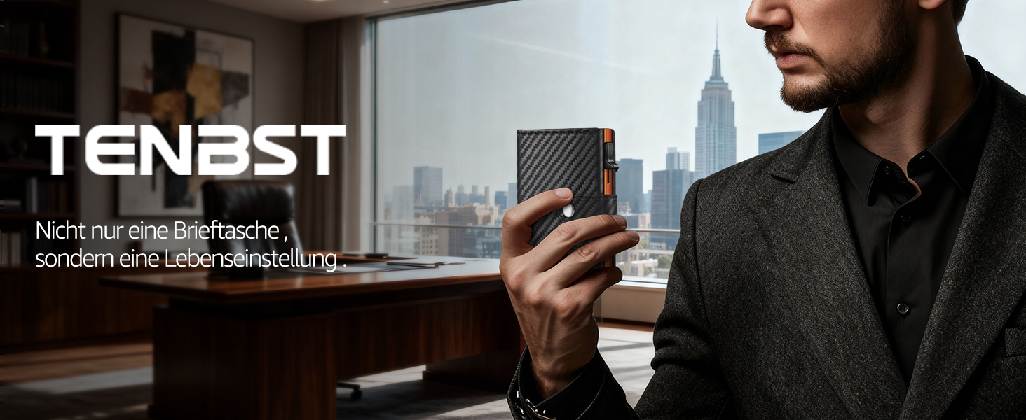 Чоловічий гаманець TENBST з RFID захистом, шкіряний Slim Wallet, картфутляр на 8-10 карт, подарунковий набір (Чорний/Помаранчевий)