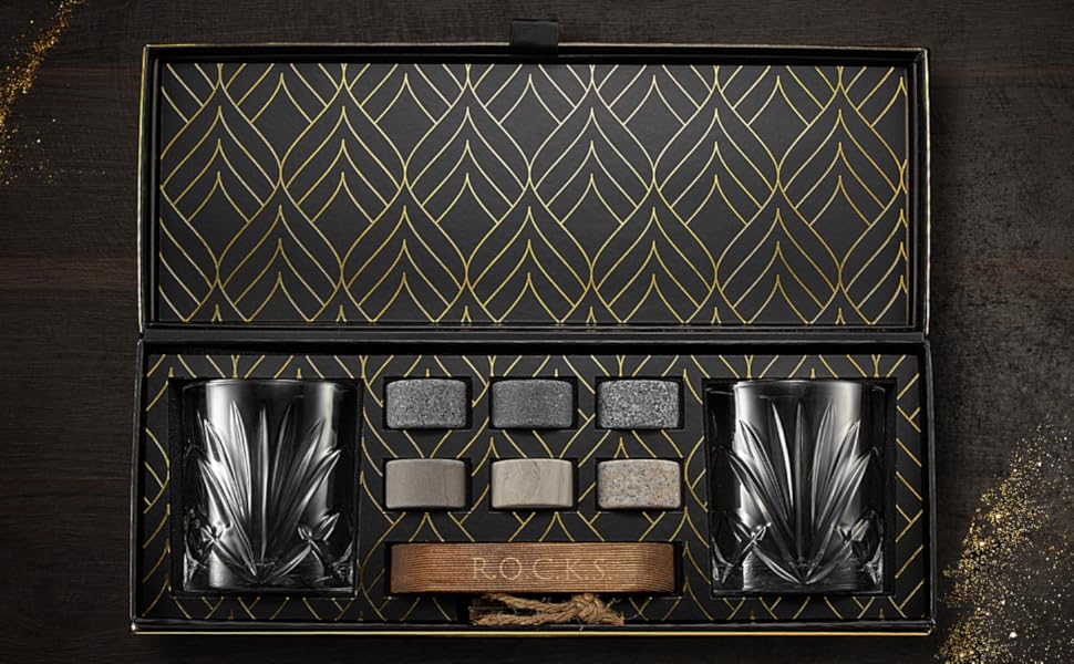 Набір для віскі Rocks: 6 гранітних каменів, 2 склянки, дерев'яний піднос, подарункова коробка з фольгою