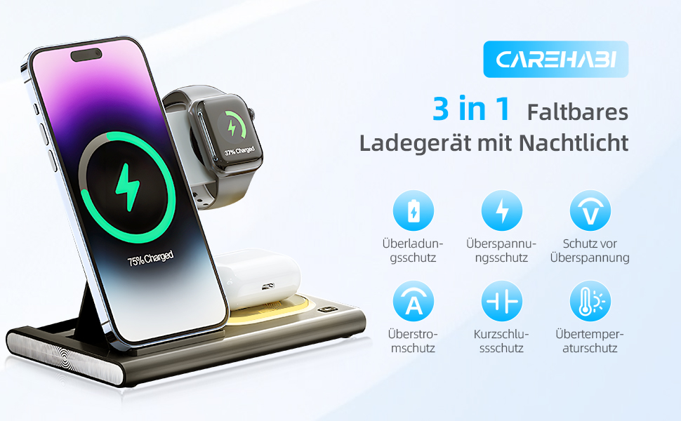 Бездротовий зарядний пристрій Carehabi 3-в-1: для iPhone, Apple Watch та AirPods Pro