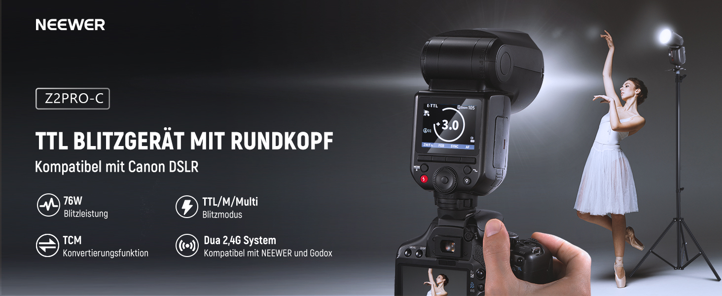 NEEWER Z2PRO-C: Світловий спалашок Speedlite з TTL, сумісний з Canon та Godox, 76Ws, 1/8000s HSS, 3000mAh