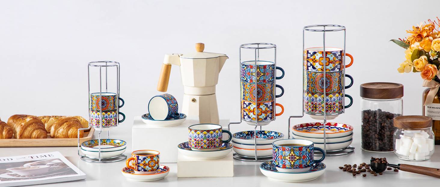 Набір чашок для еспресо Vancasso 4 шт., 150 мл SIMI: чашки з підставками та стійкою, керамічні, для капучино, еспресо, лате