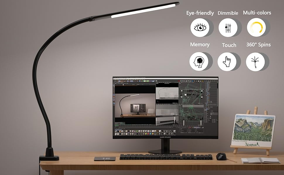 Настільна лампа HOKONE LED з клемою, димер, 4 кольори, 10 рівнів яскравості, гнусий «лебединий шия», 360° регулювання, для офісу, чорна T7-schwarz
