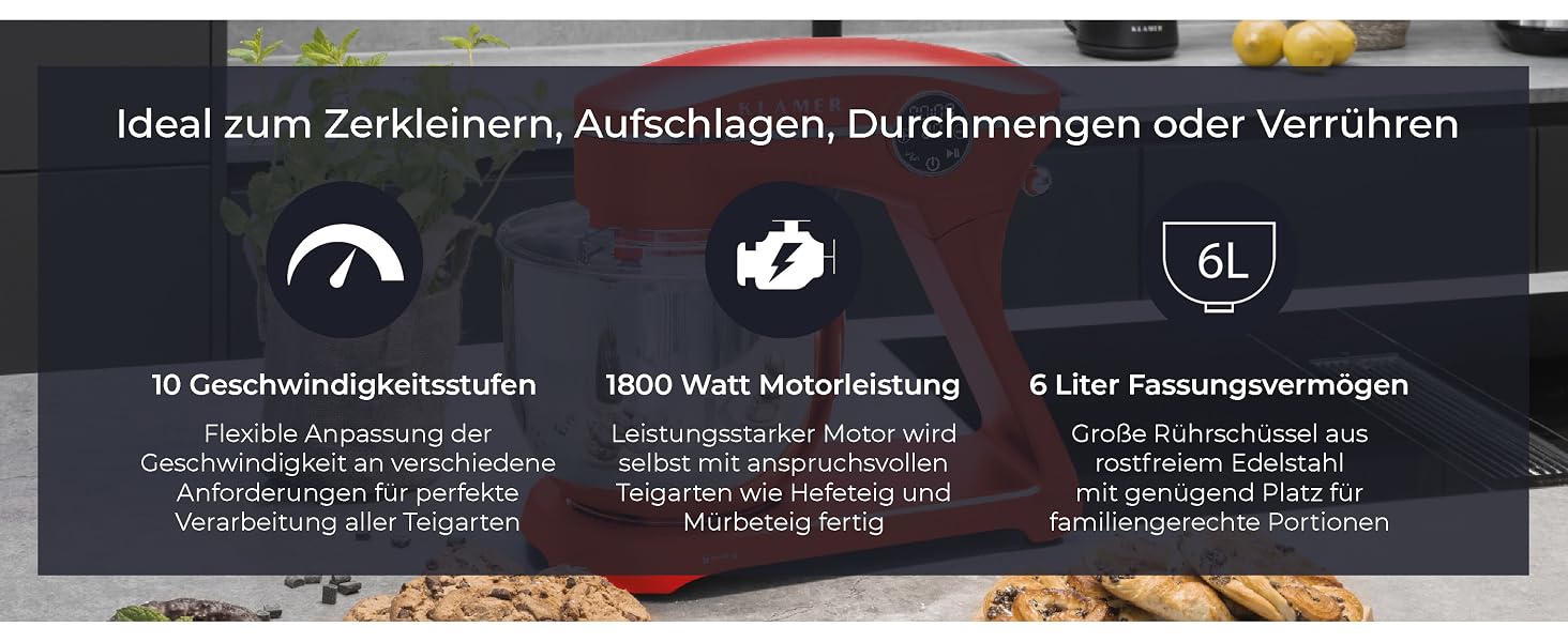Кухонний комбайн-міксер KLAMER 1800W, планетарний міксер для тіста з чашею з нержавіючої сталі 6л, червоний