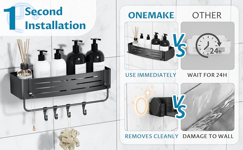 Поличка для душу Onemake з присосками, регульована, з гачками та рушниковою перекладиною, органайзер для ванної кімнати, матовий чорний, 1 шт.