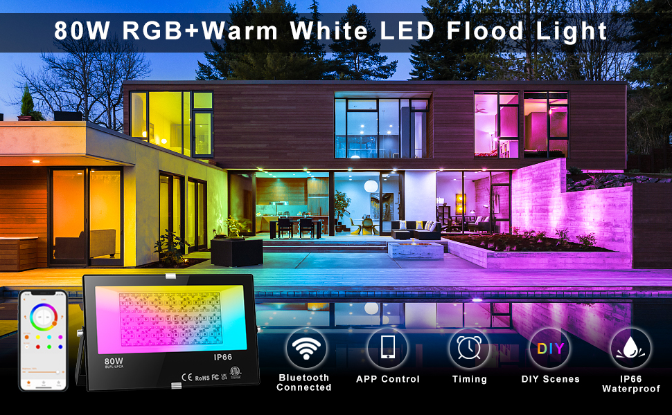 RGB LED прожектор 80W для вулиці з Bluetooth, керування через додаток, розумне освітлення, 2700K, мільйони кольорів, димірується, IP66, водонепроникний, для саду та фасаду