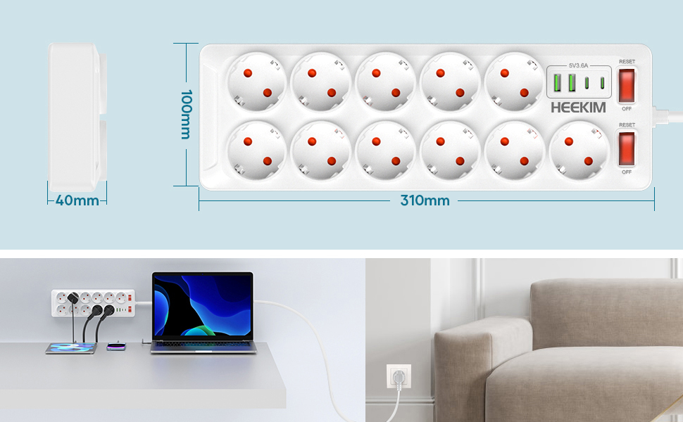 Многофункціональна мережева планка з USB, 11 розеток, вимикач, 2 USB-A та 2 USB-C порти, 4000W, 16A, 2 вимикачі, 2м кабель - білий