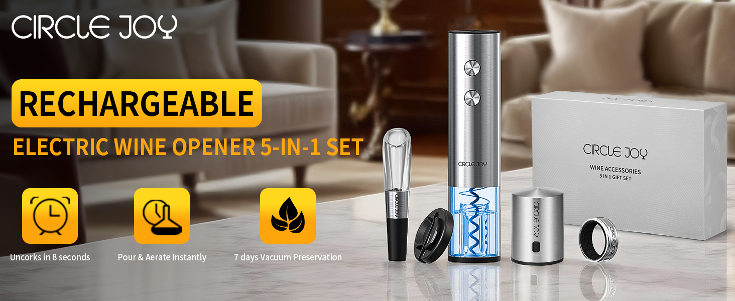 Електричний відкривачка вин CIRCLE JOY 6-в-1 з зарядною станцією, комплект з нержавіючої сталі, з обрізачем фольги, аератором та 2 вакуумними закривачами