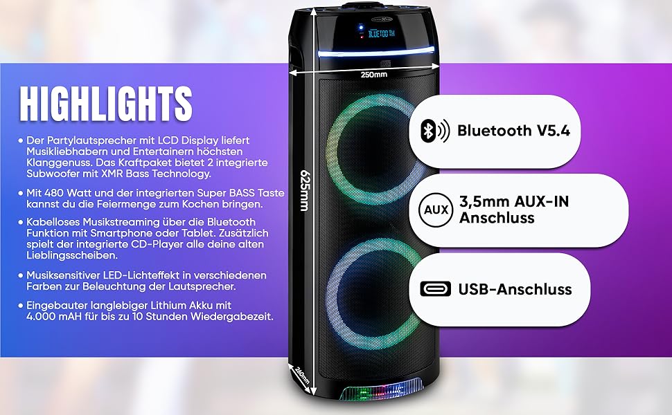 Reflexion PS09BT Bluetooth Партійний Динамік, DJ, Караоке, 500 Вт, Радіо UKW-PLL, LED-ефекти, Мікрофон, Акумулятор, Чорний