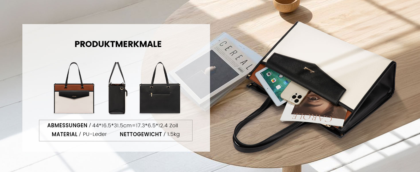 Сумка для ноутбука LOVEVOOK жіноча водонепроникна для роботи та навчання, велика шопер сумка, бізнес портфель, шкіряна сумка-тоут, бежева/чорна/коричнева (17.3 дюйми)