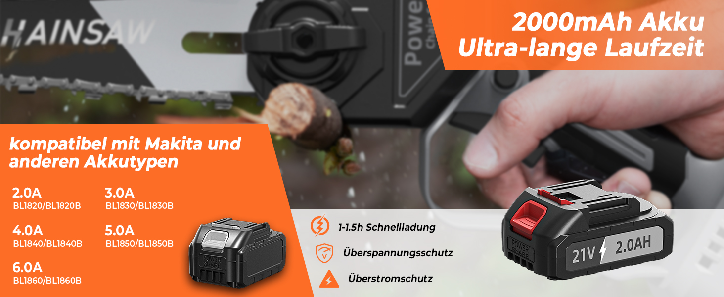 Акумуляторна міні-пила для саду та дерева 6 дюймів, 1000W безщітковий двигун, сумісна з Makita 18V, автоматичний змащувач, для обрізки гілок та дерева (1*2000mAh)