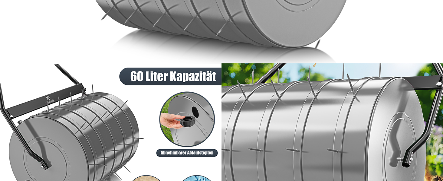 Коток для газону KESSER, металевий, заповнюється водою або піском, 60 л, 50 см, садова ручна газонна катка з 5 шипами та рукавицями, антрацит