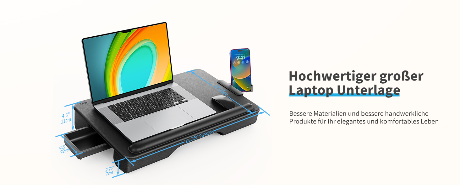 Підставка для ноутбука SAIJI з підставкою для зап'ястя та відділенням для телефону, для роботи в ліжку/на дивані, чорна