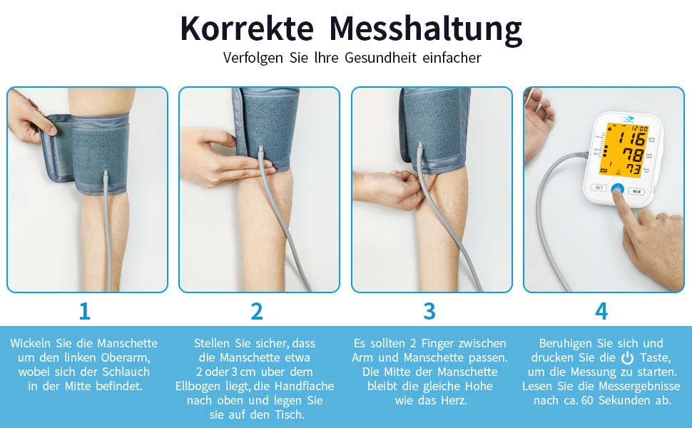 Тонометр на плече Oberarm з автоматичним вимірюванням, визначенням аритмії та вимірюванням пульсу, великим LED-дисплеєм, 2x99 пам'яттю, манжеткою 22-32 см (білий)