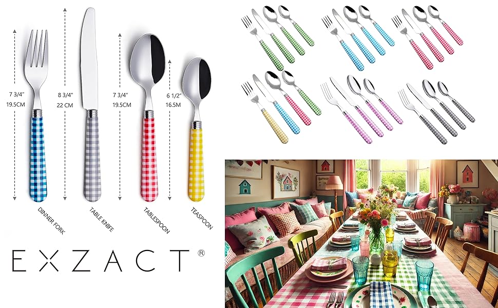 EXZACT Набір столових приборів з нержавіючої сталі 24 шт. - Ручки кольору Гінгем - 6 виделок, 6 ножів, 6 ложок, 6 чайних ложок (24 шт. сірого кольору)