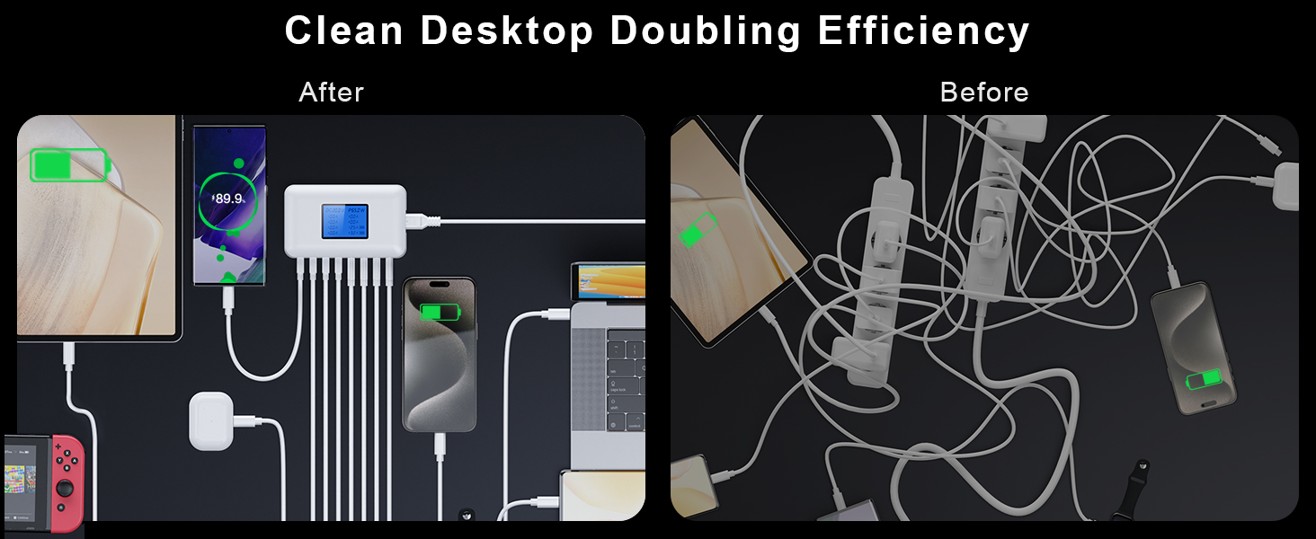 Зарядний пристрій RENGOGA 200W USB C GaN з 8 портами, LED дисплеєм, 65W USB-станція для iPad Pro/Air, MacBook, iPhone 16/15/14, Galaxy S24 - Білий