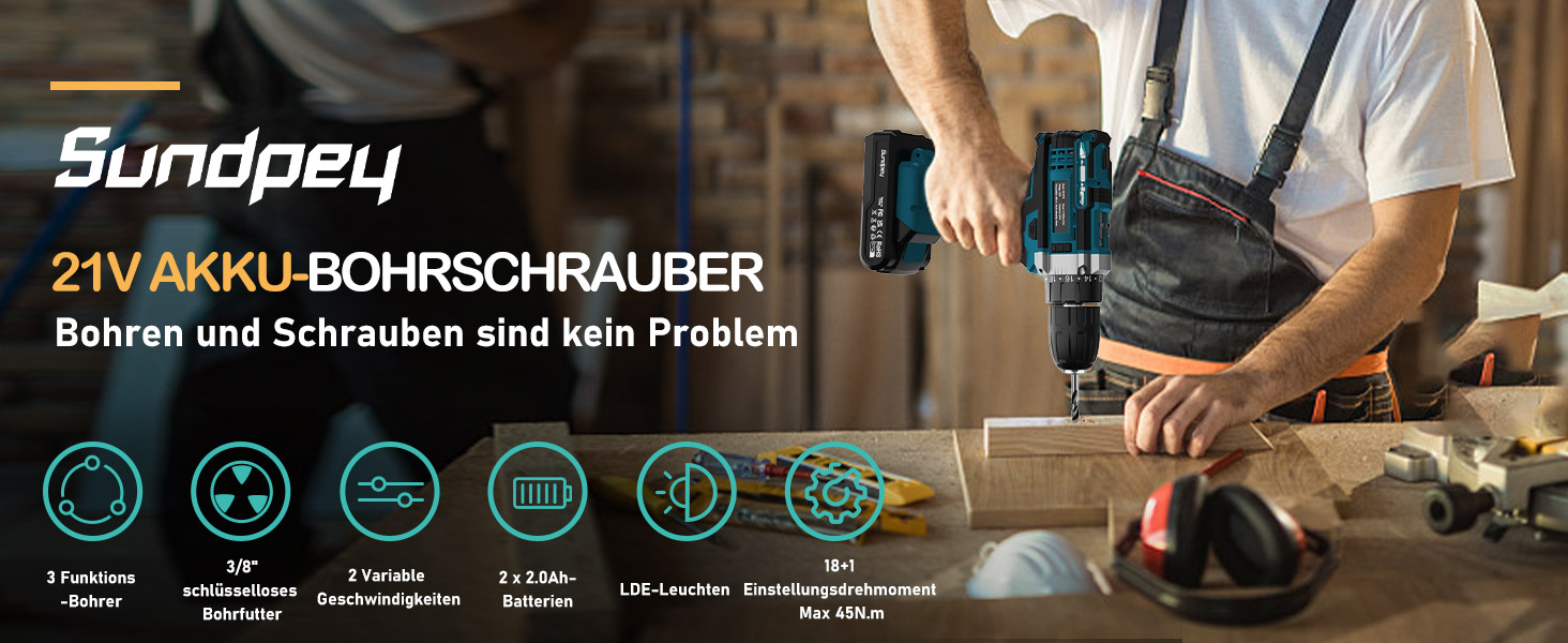 Акумуляторний шуруповерт Sundpey 21V з 2x2000mAh акумулятором, 45 Нм, 2 швидкості, 18+1 момент, патрон 10мм, набір 19шт для дому та DIY, блакитний