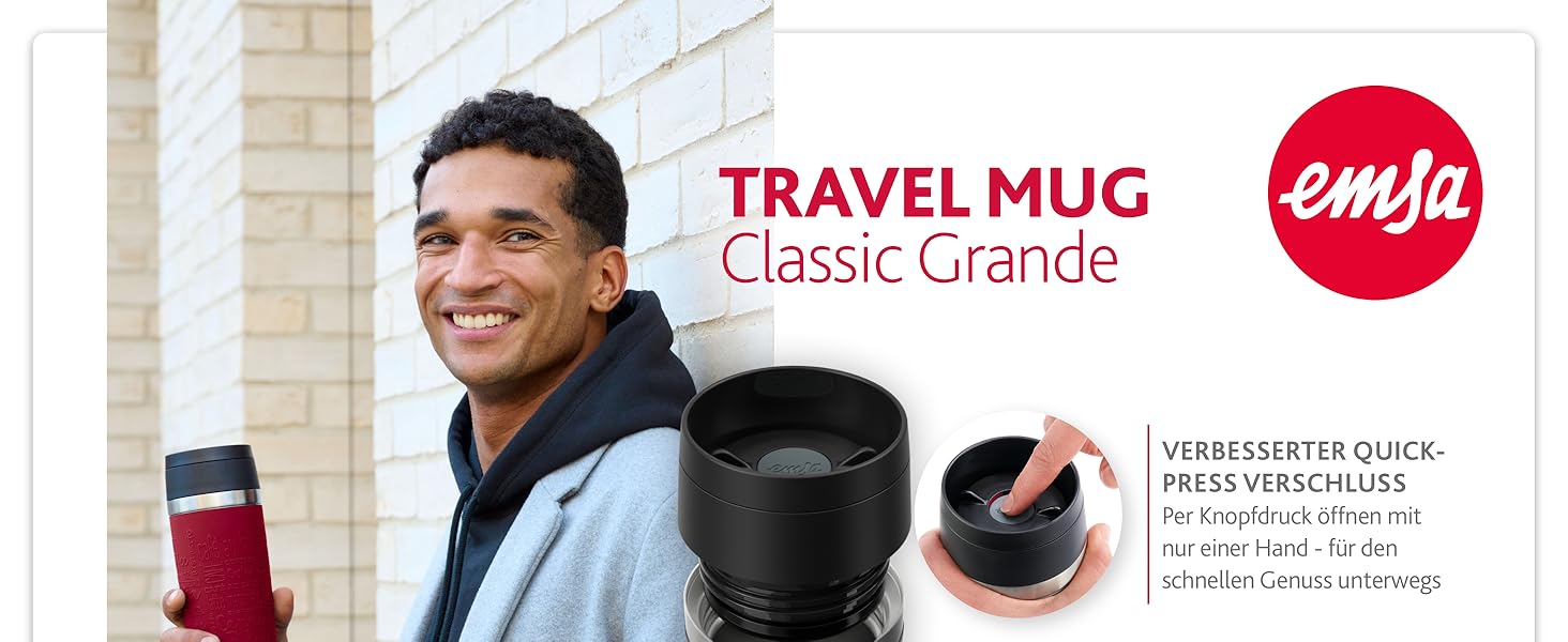 Термокружка Emsa N20220 Travel Mug Classic, 0.5 л, нержавіюча сталь, чорна, з кришкою Comfort-Verschluss, 6 год гаряча, 12 год холодна, 100% герметична, для подорожей