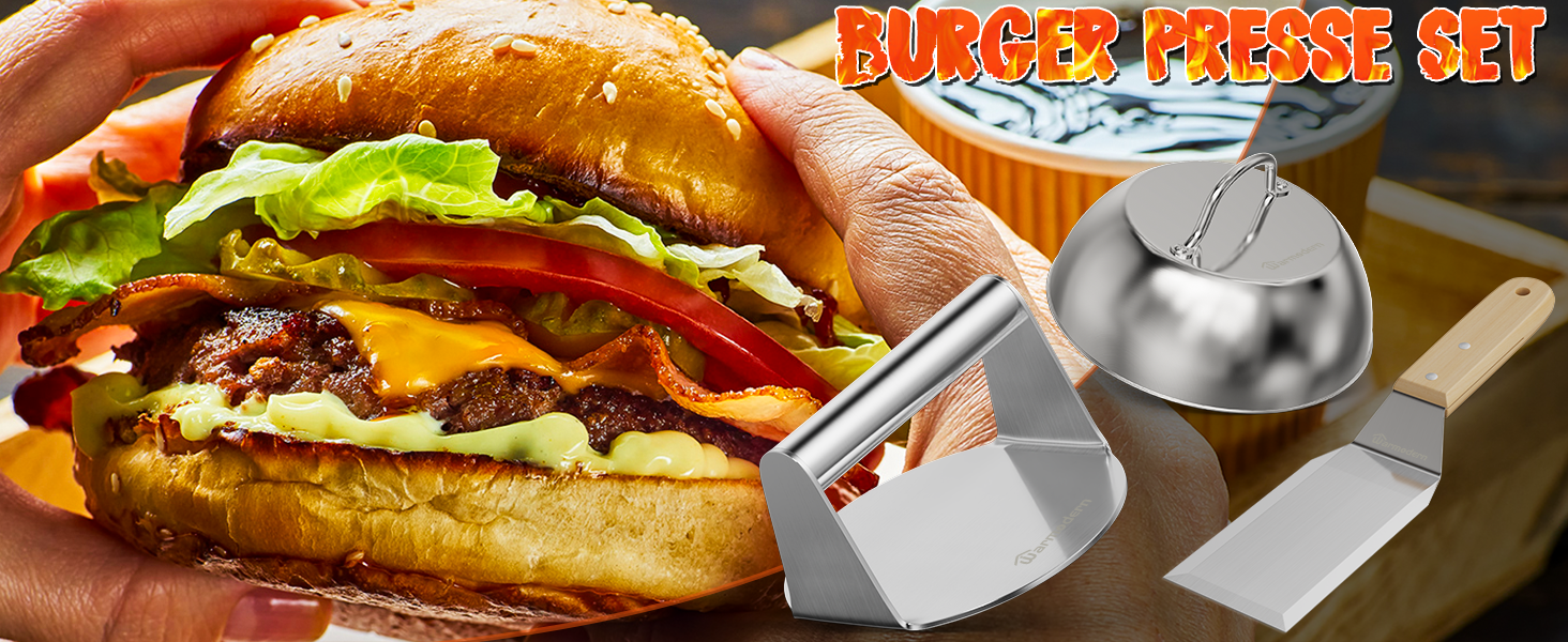 Набір для приготування бургерів Warmodern 3-TLG з нержавіючої сталі: прес 14 см, дзвоник, лопатка | Професійний аксесуар для гриля