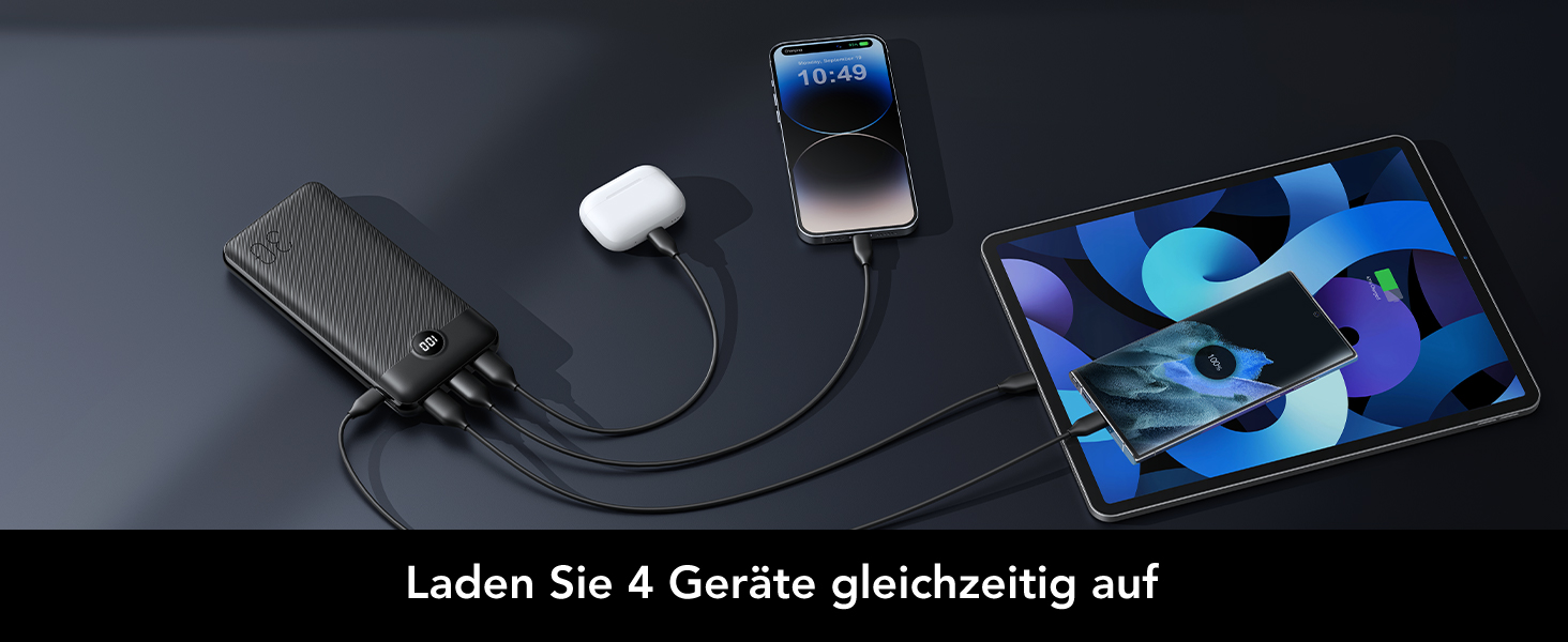 Power Bank VEGER 30000mAh 20W PD: Швидка зарядка, LED дисплей, 4 виходи, 2 входи, USB-C, сумісний з iPhone, iPad, планшетами