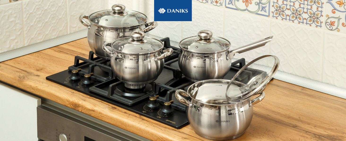 Набір каструль Daniks Classic 12 предметів з нержавіючої сталі для індукції з кришками: 16/18/20/24 см, сотейник, сковорода 24 см, каструля для макаронів і супу, сріблястий