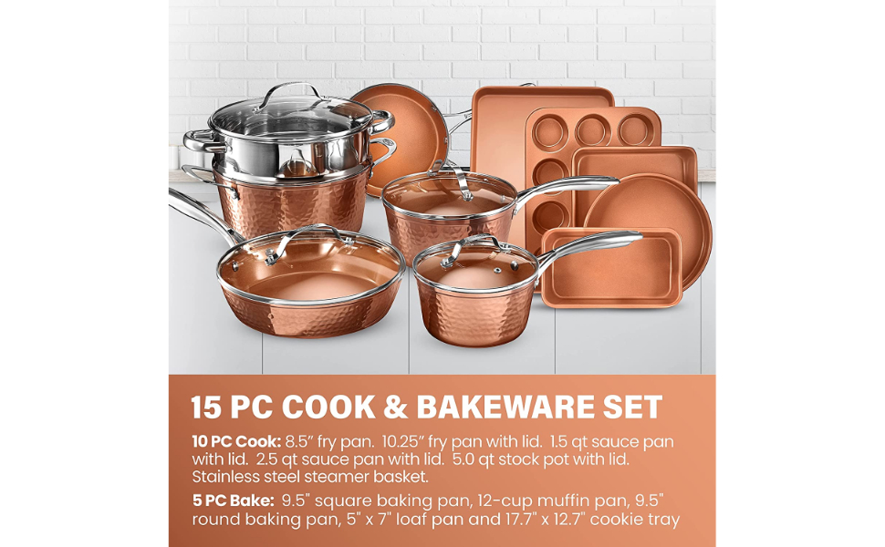 Набір посуду Gotham Steel Hammered Copper Collection — 15 предметів: сковорідки, каструлі, форми для випічки з антипригарним покриттям