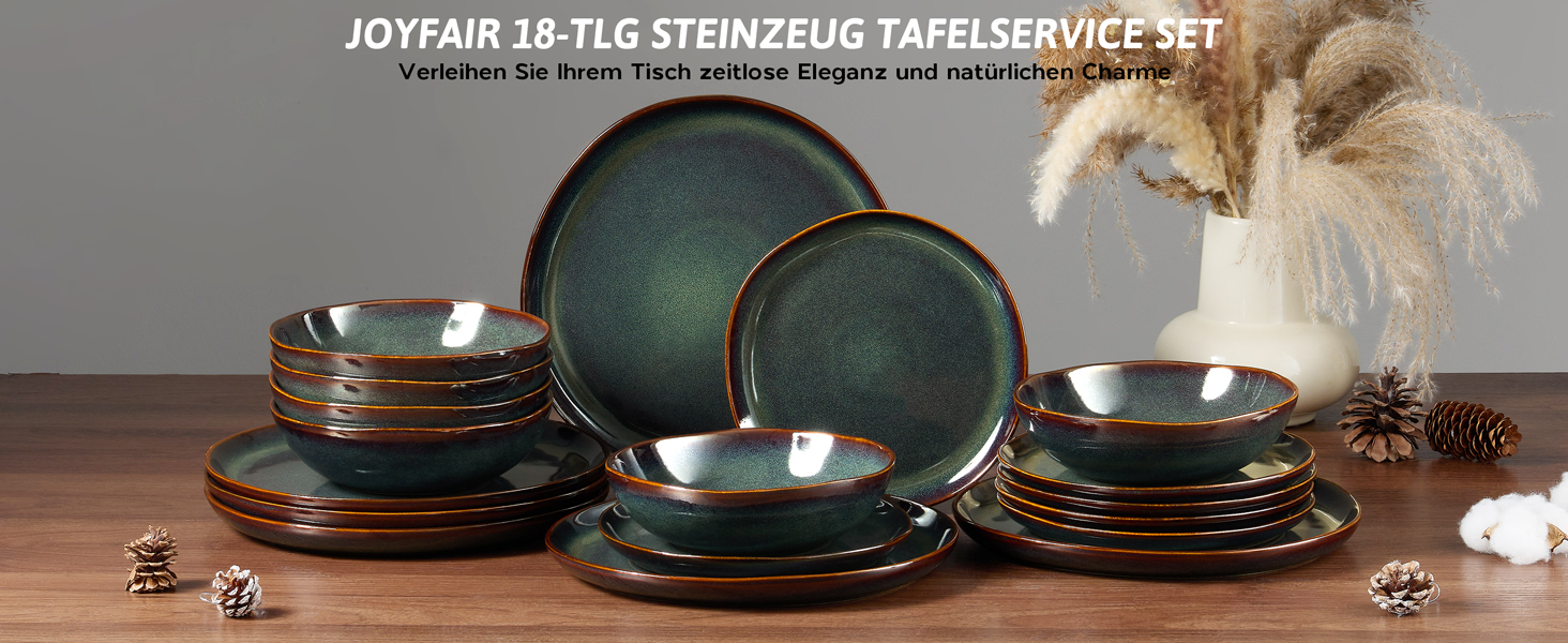 Сервіз Joyfair на 6 осіб, 18 предметів, кераміка, набір посуду, тарілки для їжі, десертні тарілки, миски для каші, сумісний з мікрохвильовою піччю та посудомийною машиною, колір Тандра Грін