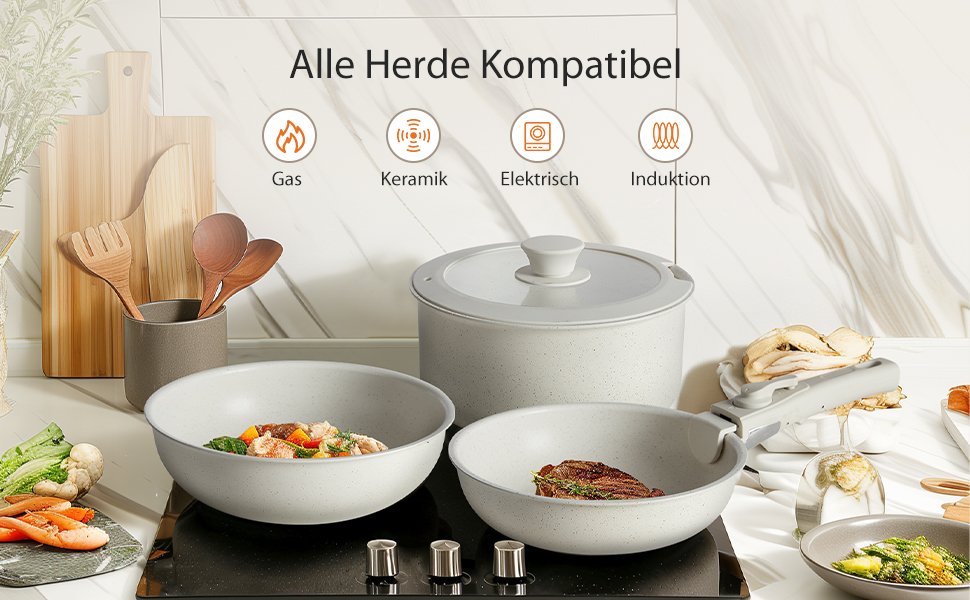 Набір посуду Sweetcrispy 12 предметів з антипригарним покриттям: каструлі, сковороди з знімними ручками (20/26 см, 18/20 см, 26 см) для індукційних плит та духовки, білий