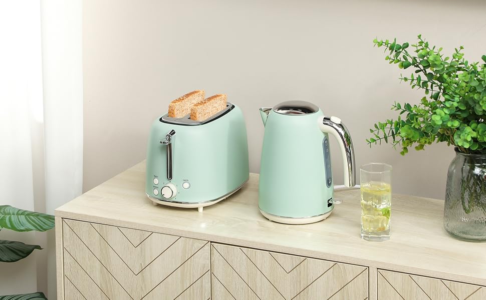 Набір чайник та тостер HOMCOM з нержавіючої сталі, 2200 Вт, 1.7 л, 2-слотовий тостер, 7 рівнів підсмажування, швидкий нагрів, термостат Strix, фільтр від накипу та піддон для крихт, зелений