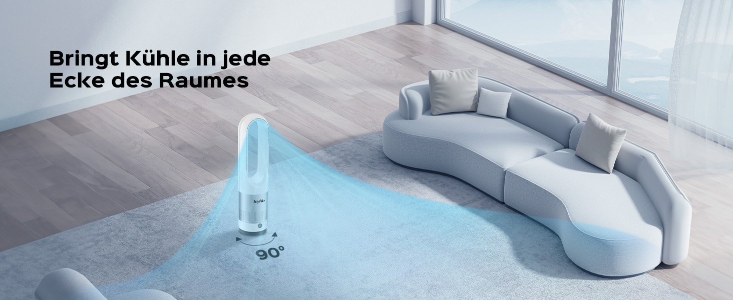 Турбовентилятор IcyAir з дистанційним керуванням, безлопатевий вентилятор 35 дБ, 90° гойдання, 8 швидкостей, таймер 9 годин, захист від дітей, LED-дисплей, тихий вентилятор для спальні, легко чистити, білий + сріблястий