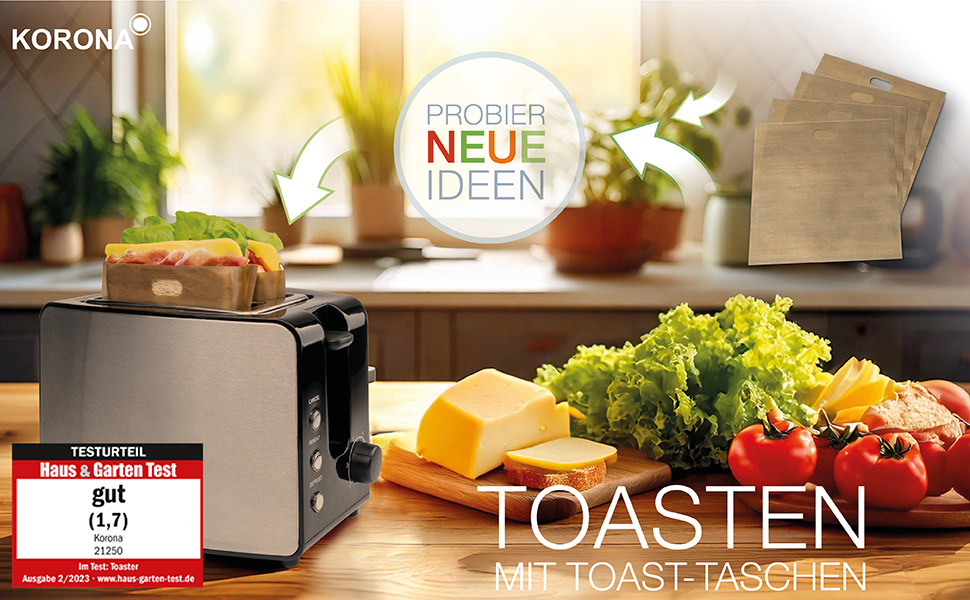 Тостер Korona 21250 з двома слотами | Для приготування тостів та сендвічів | З насадкою для бургерів XXL