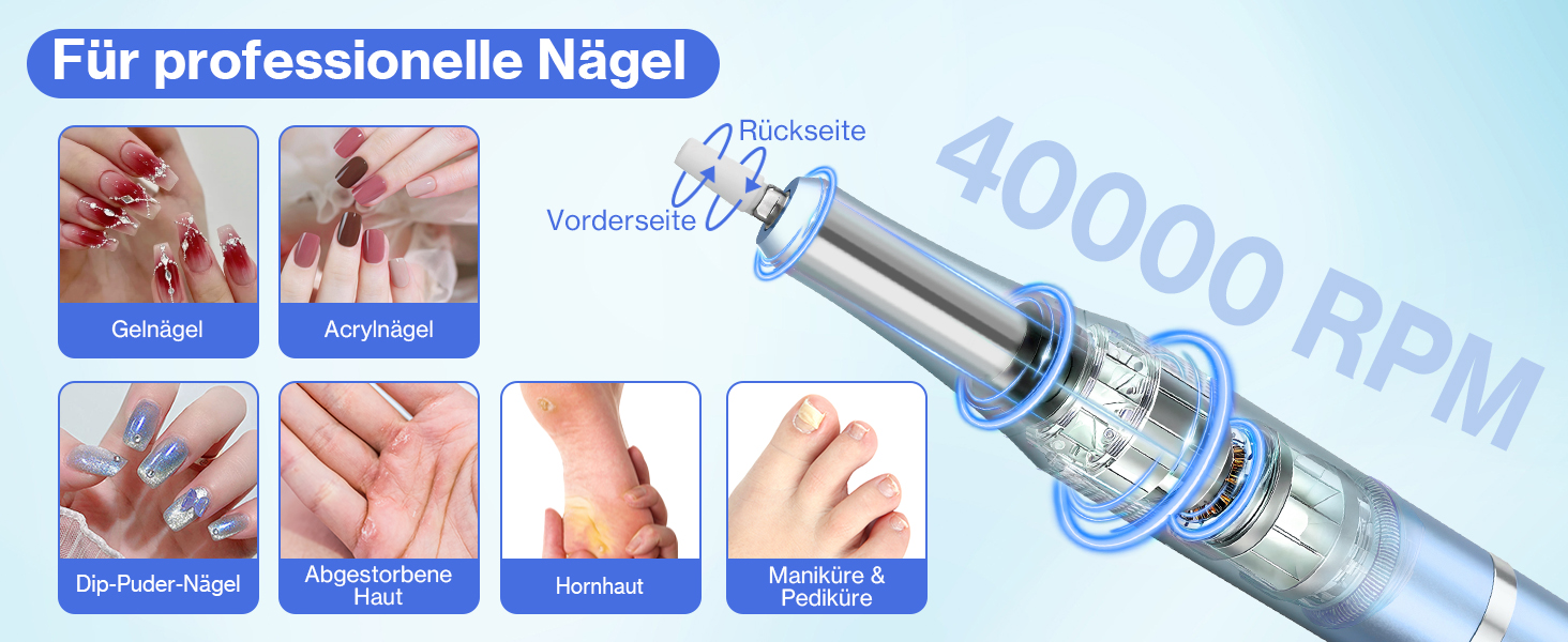 Електрична шліфувальна машинка для нігтів, професійна, 40000 об/хв, LCD манікюр/педикюр, набір з багатофункціональною базою, портативна, з підсвічуванням, сенсорне керування (Світло-блакитний)